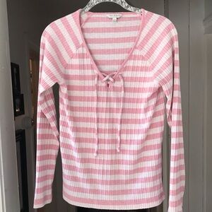 "Lucky Brand Pink Striped Ribbed Lace Up V-neck Sweater Top sz L
